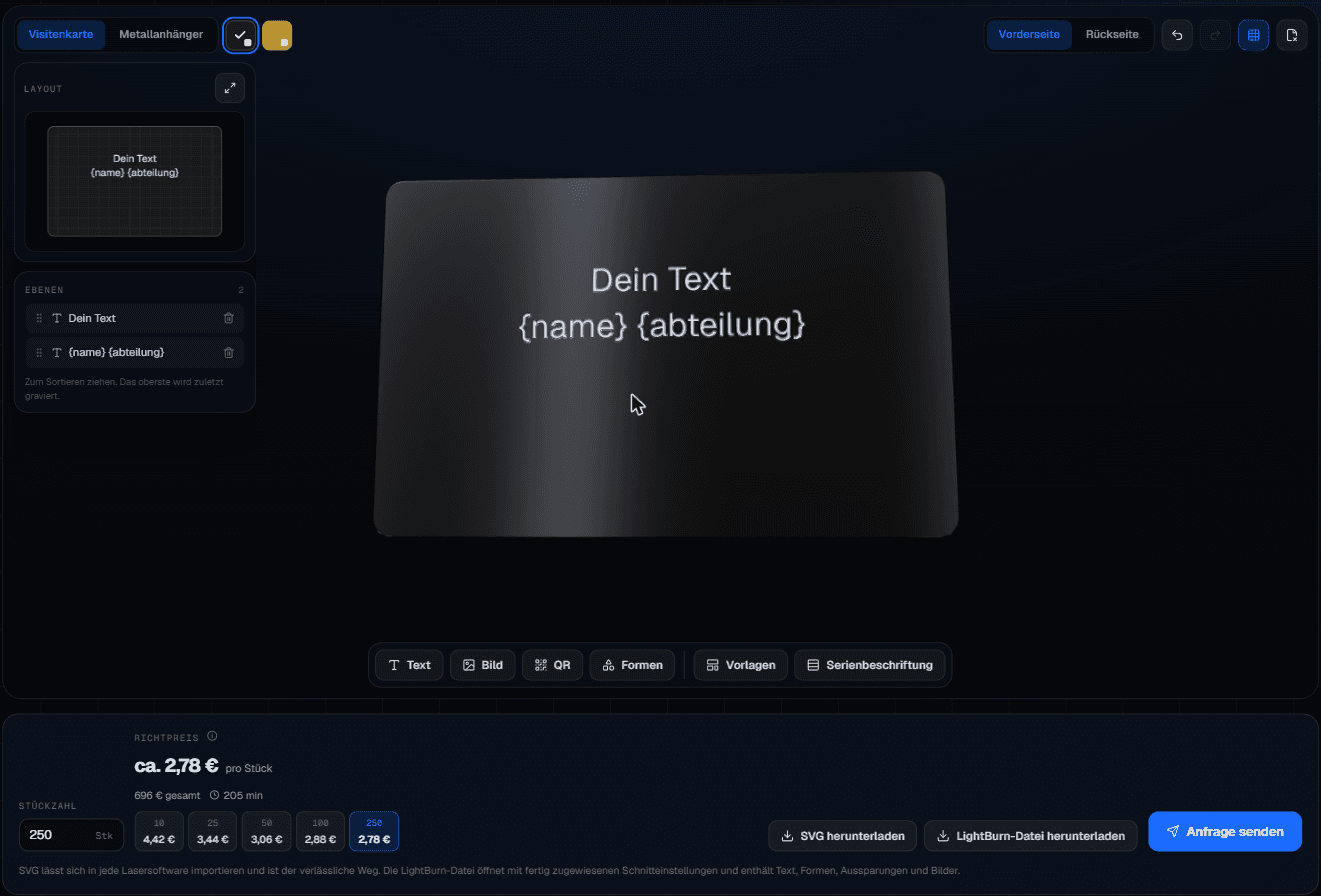 Screenshot des Laser-Konfigurators mit 3D-Vorschau und Preisleiste
